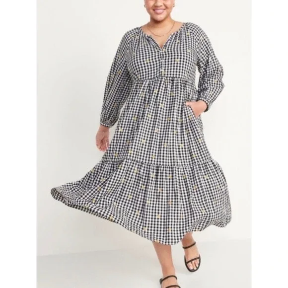 Old Navy Gingham Floral Embroidered Tiered Midi Dress Black White Yellow size XL - Picture 2 of 10